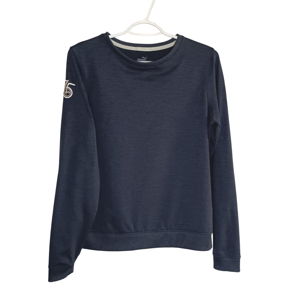 Puma Dark Blue Heather Mens M L/S Pullover Logo Sweatshirt Ribbed Neck Cuff Hem